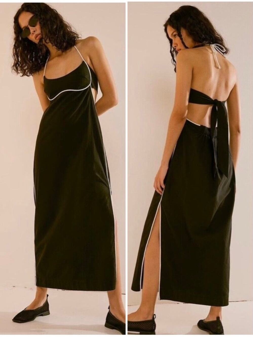 Free People Summer In Capri Midi Dress Halter Tie Open Back Contrast Trim Maxi